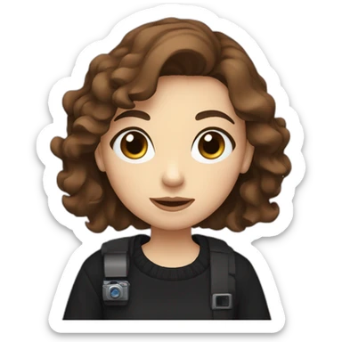 girl with short wavy brown hair, blue eyes, wearing a black sweater, holding a videocamera sticker