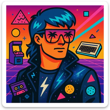 retro-futuristic 80s male portrait with classic mullet hairstyle with neon blue highlights, face half-hidden by bright airbrushed sunglasses with pink to purple gradient reflecting palms and sunset, leather jacket with raised collar airbrushed with lightning and cosmic motifs, Memphis Design geometry, energetic neon gradient background with perspective grid, laser beams, details like cassettes, arcade games, Commodore 64, electric blue, fuchsia, turquoise, ultraviolet colors sticker