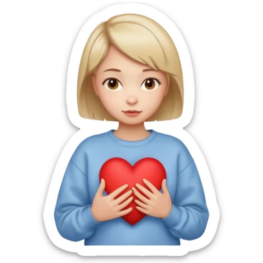 una niña con el pelo corto, con la sudadera de forma de pollito sujetando un corazón sticker