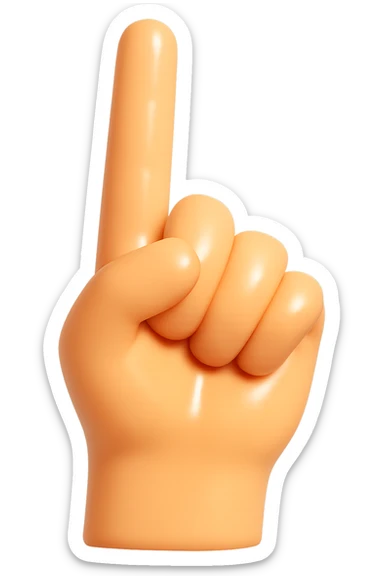 Make the hand even more detailed and hyper-realistic, with a very high quality, hard, shiny plastic look like a figurine's hand from a kid's toy. The surface should be smooth, rigid, and glossy, with realistic skin color, pointing upwards with the pointer finger extended, no background. The style should resemble a high-quality toy figurine hand with a shiny plastic finish. sticker