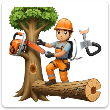 professional arborist cutting down a large tree with chainsaw, wearing safety helmet and protective gear. Scene includes detailed tree trunk, falling wood pieces, forest background, dynamic movement, and emphasis on expertise and safety in tree removal sticker