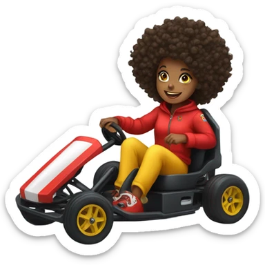 Go kart, black girl wearing red, curly hair, yellow eyes sticker