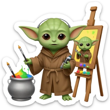 Baby Yoda in his brown robe listening music on his headphones, painting a picture on an easel and surrounded by paint pots. sticker