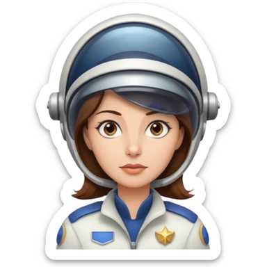 woman with brown hair and brown eyes.  space ship captain with white hat sticker