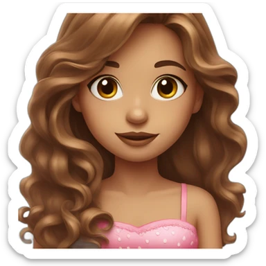 Girl with long brown wavy hair and a pink dress and strawberry decorations sticker