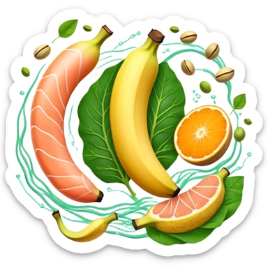 Golden banana, bright green spinach, salmon, kiwi, pistachios, and orange juice floating around a glowing nervous system and heart. Electrical waves connect these potassium-rich foods to nerves, heart and muscles, showing how they support electrical stability in the body. sticker