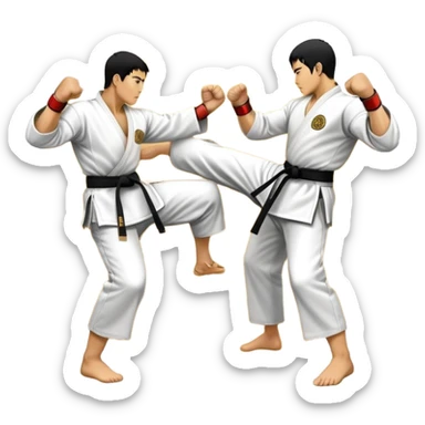 Round emblem symbolizing striking martial arts. The emblem features two fighters in dynamic stances, one delivering a powerful punch while the other defends with a block. In the center, a stylized fist and foot crossed to represent the essence of striking.  sticker