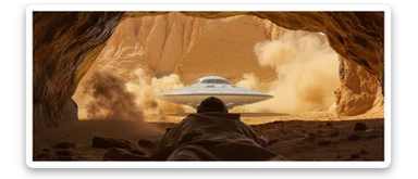 cinematic still, documentary photography, acient egypt, back shot of a man dress in ancient clothes in cave (frame in frame effect) on ground laying front of small ufo starship, sand flying around, palms, dynamic scane, leading lines, captured by arri alexa, depth layers, piramids in babckground sticker