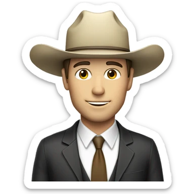 White brunette man in a suit with a cowboy hat sticker