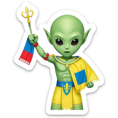Green alien in Shirt 👚 vyshyvanka, white with red embodiary on sleeved, with 🇺🇦 Ukraine flag in a hand and 💪 sticker