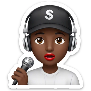 Create a dynamic and energetic emoji that represents beatboxing. The design should feature a stylized microphone and baseball cap on it, with lips and sound waves emanating from it , symbolizing vocal percussion and rhythm. Add elements like headphones or a subtle speaker to emphasize the music production aspect. Use bold colors like black, white, and red to convey the intensity and creativity of beatboxing. The background should be transparent. sticker