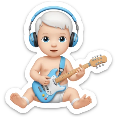 a cute baby in a white diaper and air pod maxes playing a baby blue electric guitar sticker