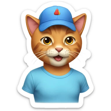 tan-red cat wearing a light-blue t-shirt and a blue base cap taps musical keyboard sticker