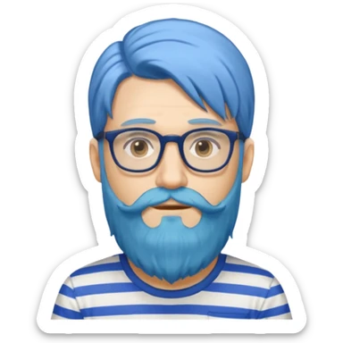 man with long blue hair, glasses, and a long beard and wearing a striped t-shirt sticker