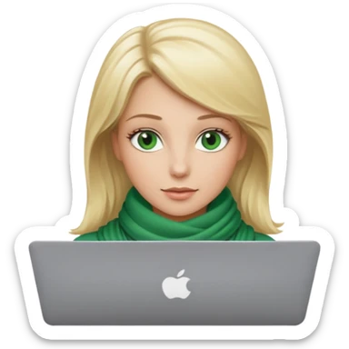 blond women skine , with green eyes , with scarf . with macbook sticker
