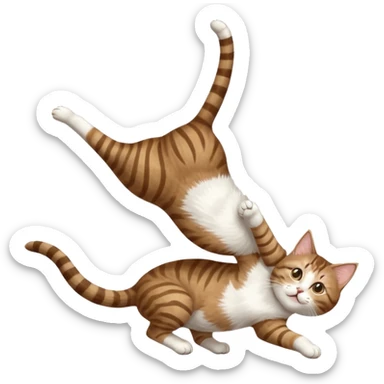 brown tabby and white cat with doing a big extremely long stretch reaching up into the air with arms and legs side by side together straight and overextended whilst lying on its side sticker