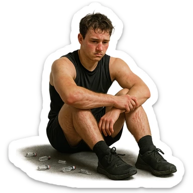 realistic young athlete with visible stretch marks and red skin, sitting on gym floor surrounded by empty vials, lost and disappointed look, atmosphere of defeat, isolated on white background, 4K quality sticker