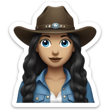 Long Flowing hair, Blue eyes cowgirl, pale skin, black hair, black cowgirl hat sticker