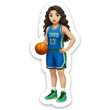Full Body light skin Latino plus size women basketball player with long wavy dark hair  wearing blue and green uniform sticker