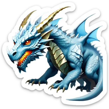 This extraordinary hybrid creature combines the elemental power of an ice dragon with the raw physical might of a stone golem. Its core body resembles a cluster of angular, faceted stones that have been infused with magical ice energy. The creature's head features a draconic shape with curved horns and piercing amber-gold eyes, but parts of its face retain the jagged stone texture. Blue-white energy flows between the gray rock segments, creating glowing lines throughout its body. The creature has developed partial wings made of crystalline ice formations extending from its rocky frame, and its tail alternates between stone segments and ice spikes. Sharp teeth line its mouth, some appearing as polished stone, others as ice crystals. Frost continuously emanates from its body, and when it moves, it creates a distinctive sound of grinding stone and crackling ice. full body sticker