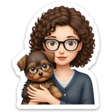 Brunette girl with glasses and curly hair embracing a yorkshire terrier puppy sticker