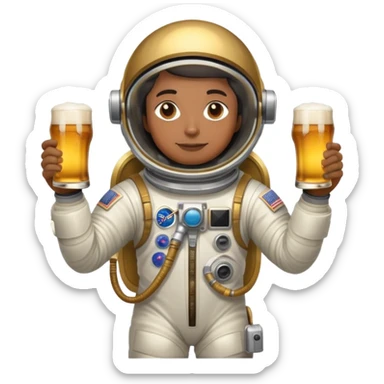 African American astronaut with a gold space suit holding a beer sticker