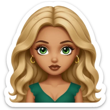 girly bratz baddie, beautiful dark green eyes, bratz makeup, long dark blonde wavy hair sticker