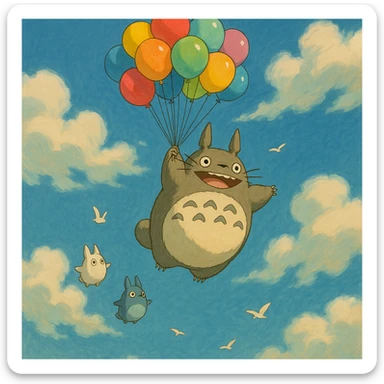Totoro floating high in the sky, joyfully holding onto a bunch of colorful balloons, with small Totoros trailing behind him and fluffy clouds parting around them as birds fly nearby. sticker