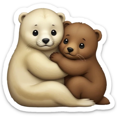small white seal hugging a big brown bear sticker