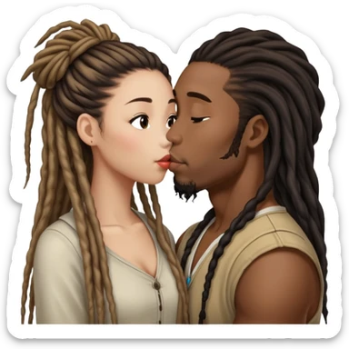 Black guy with dreadlocs kissing long haired Asian girl sticker