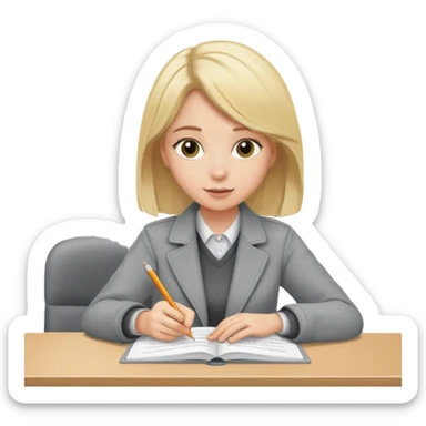 blonde-girl tutor in gray jacket checking student’s homework sticker