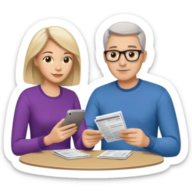casually dressed stylish  looking husband and wife in their 40s avatars reviewing their finances together  sticker