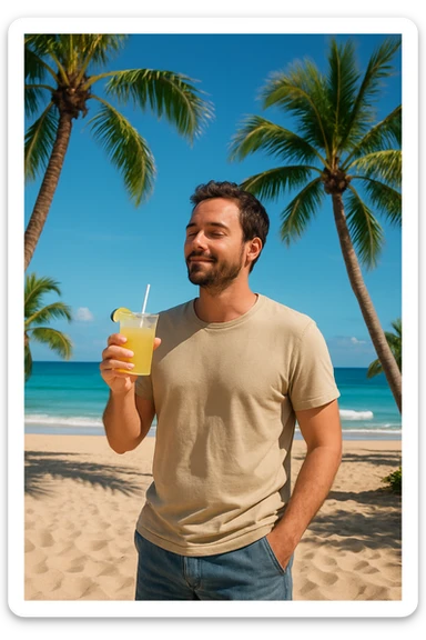 take this picture of a man and make it  beach photo with drink sticker