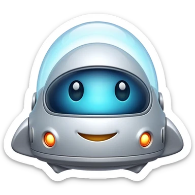 Design a simple, friendly spaceship with a smooth, rounded shape. Add a clear 'face' on the front using glowing lights for eyes and a curved line for a smile, giving it personality. Use a plain background to keep the focus on the ship sticker
