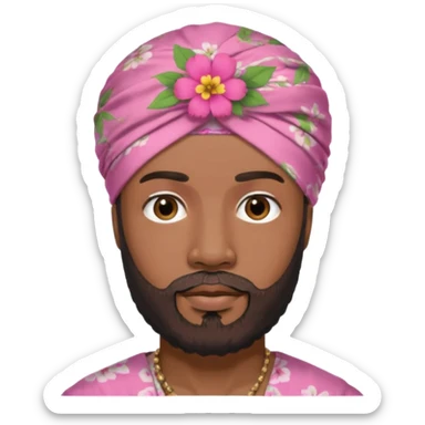 Black male, goatee beard, wearing pink floral turban-style head wrap sticker