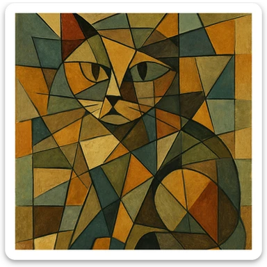 {
  "style_description": {
    "name": "Cubist Abstraction",
    "overall_look": "Deconstructed, multi-perspective abstraction with intersecting geometric planes",
    "composition": {
      "structure": "Fractured and fragmented shapes that overlap and intersect",
      "perspective": "Multiple simultaneous viewpoints, often distorted or rotated",
      "layout": "Asymmetrical, collage-like arrangement of visual elements"
    },
    "geometry": {
      "shapes": ["rectangles", "triangles", "trapezoids", "irregular polygons"],
      "edge_style": "hard, angular lines with minimal curves",
      "dimensionality": "flattened depth with layered planes"
    },
    "color": {
      "palette_type": "muted and earthy tones with occasional vivid accents",
      "application": "flat fills, overlapping transparencies, and color-blocked segments",
      "shading": "minimal or abstract, without realistic gradients"
    },
    "texture": {
      "use": "optional",
      "types": ["paper grain", "brushstroke pattern", "canvas roughness"],
      "purpose": "to evoke an analog, hand-rendered quality"
    },
    "subject_treatment": {
      "representation": "symbolic and abstract rather than literal",
      "distortion": "intentional exaggeration and fragmentation of form",
      "focus_on": ["structure", "form relationships", "compositional rhythm"]
    },
    "background": {
      "style": "integrated with subject forms",
      "purpose": "to emphasize the composition rather than isolate figures"
    },
    "render_constraints": {
      "avoid": ["realistic lighting", "photorealism", "perfect symmetry"],
      "encourage": ["overlapping shapes", "multi-angle views", "abstract composition"]
    }
  }
}

{subject} = cat sticker
