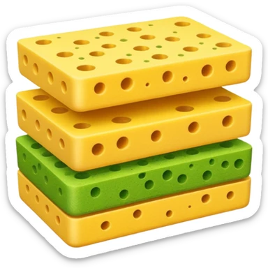 cleaning sponges, one or two, rectangular, rounded edges, stacked or overlapping, yellow porous base, green scrub top, springy texture, tiny holes, no soap, water, hands, or faces, clean 3D, soft shadows, transparent background, emoji scale sticker