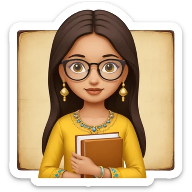 a pretty bratz fair indian girl wearing spectacles, jhumkas, kurti yellow, carrying books sticker