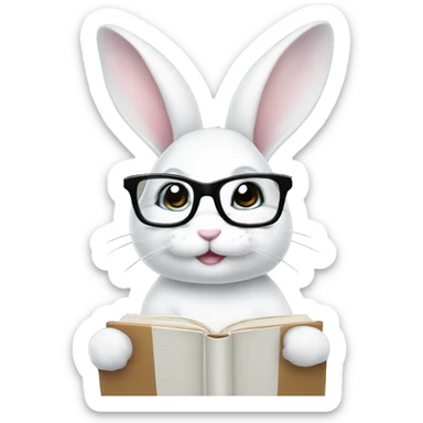 Cute White bunny girl with glasses and book in his paws  sticker