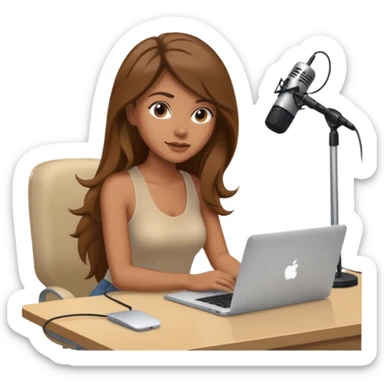 tanned brown long hair woman, sat at desk with MacBook, podcast microphone bleige top and vine color, sexy, glass table sticker