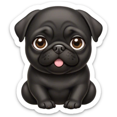 Cinematic Cute Black Pug Portrait Emoji, Head tilted playfully and inquisitively, featuring a glossy black coat with a smooth finish, round, sparkling dark eyes filled with curiosity, Simplified yet irresistibly adorable features, highly detailed, glowing with a warm, friendly glow, high shine, affectionate and lively, stylized with a touch of whimsy, bright and endearing, soft glowing outline, capturing the essence of a mischievous yet loving pup, so playful it feels like it could bounce out of the screen and into your arms! sticker