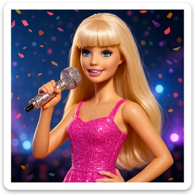 Pretty and girly Blonde pop star with bangs, holding a bedazzled microphone, reimagined as a Barbie doll, with a nighttime concert backdrop with colorful confetti sticker