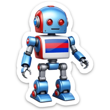 Robot with blue, white, and red Russian flag colors on its metallic body sticker