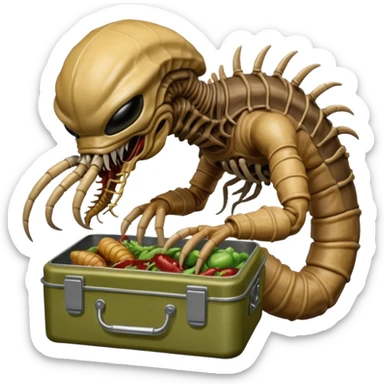 The original Predator with mask and mouth piece eating an Alien facehugger from a lunchbox, the setting should be dark and real. sticker