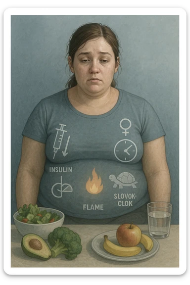 Donna tra i 25 e i 35 anni con fisico leggermente gonfio e postura affaticata, seduta con sguardo stanco. In trasparenza sul suo corpo, si vedono elementi simbolici: una fiamma metabolica molto piccola nel centro dell’addome, una tartaruga accanto a un simbolo di orologio rallentato, indicatori visivi di insulino-resistenza e squilibri ormonali. Intorno a lei: cibo sano non digerito bene, attività fisica poco efficace. Colori spenti attorno al corpo, con toni freddi e lentezza visiva. Stile realistico con elementi infografici e simbolici integrati sticker