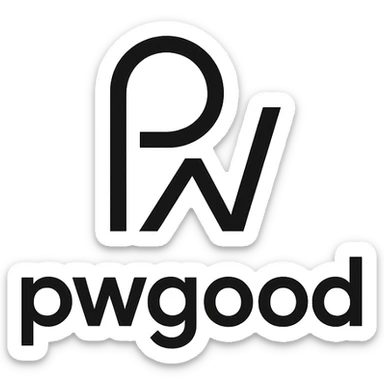 minimalist logo for 'pwgood' featuring an abstract symbol with clean lines, black and white color scheme sticker