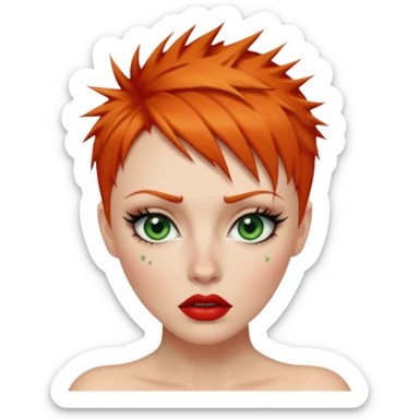 Short spikey Ginger hair, green eyes, black long eye lashes large red lips White woman lcrying sticker