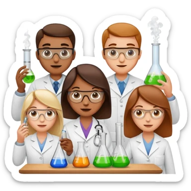 Five chemists: one organic chemist, on physical chemist, one inorganic chemist, one technical chemist and on theoretical chemist – each one with a typical item for their field sticker