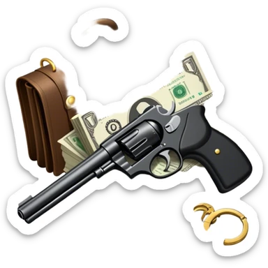 Icon for Action & Crime Reading: open book with text and picture, silhouette of a gun, a bag of money, a police badge. Surrounding elements include a pair of handcuffs, a briefcase and scattered bullet casings. Transparent background. sticker