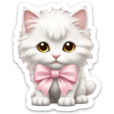 fluffy poofy white kitten light pink bow sticker